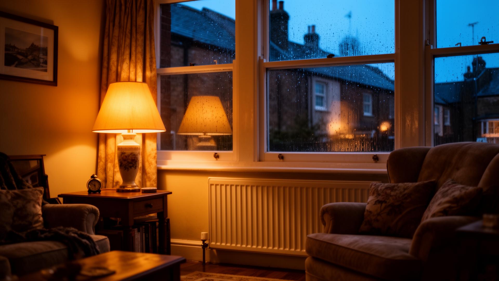 A warm British living room with a glowing lamp and radiator at dusk